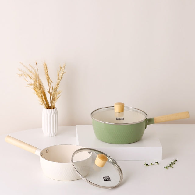 [브랜드 공동구매] 키친플라워 쿠킨 IH 인덕션 우드 세라믹 편수 냄비 2종세트 (18+20cm) | Kitchen Flower Cookin IH Induction Wood Ceramic Saucepan 2-Piece Set (18+20cm)