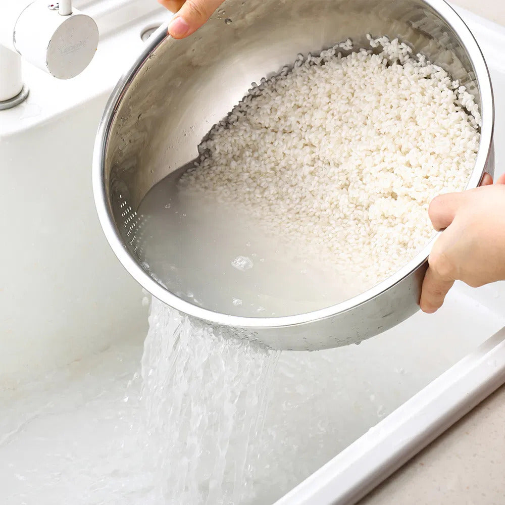 [공동구매] PN풍년 스텐 쌀 야채 세척볼 세트 다용도 타공 믹싱볼 채반 바구니 | PN Poongnyun Stainless Steel Rice Washing Bowl & Colander - sarangmartsg