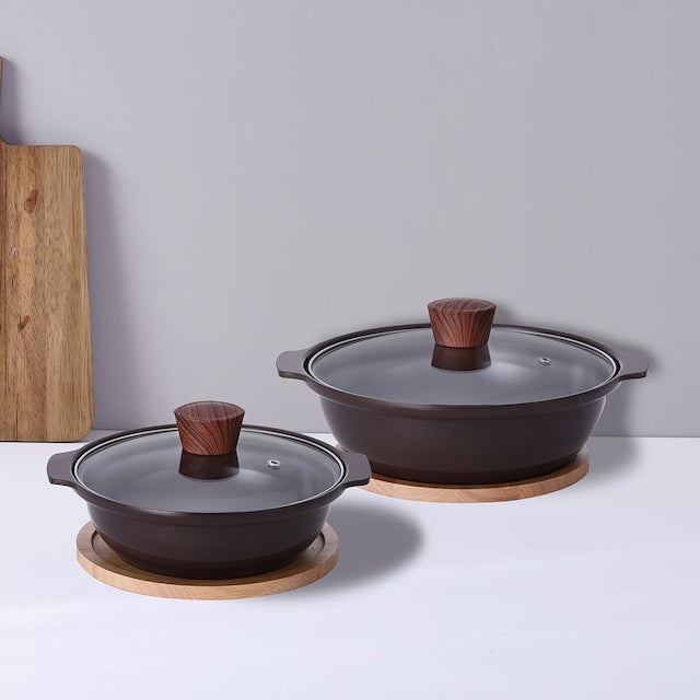 [브랜드 공동구매] 키친플라워 쿠킨 세라믹 인덕션 뚝배기 냄비 2종 세트(20+24cm) 나무받침 2개 포함 | Kitchen Flower Cookin Ceramic Induction Ttukbaegi Pot 2-Piece Set (20+24cm) with 2 Wooden Trivets